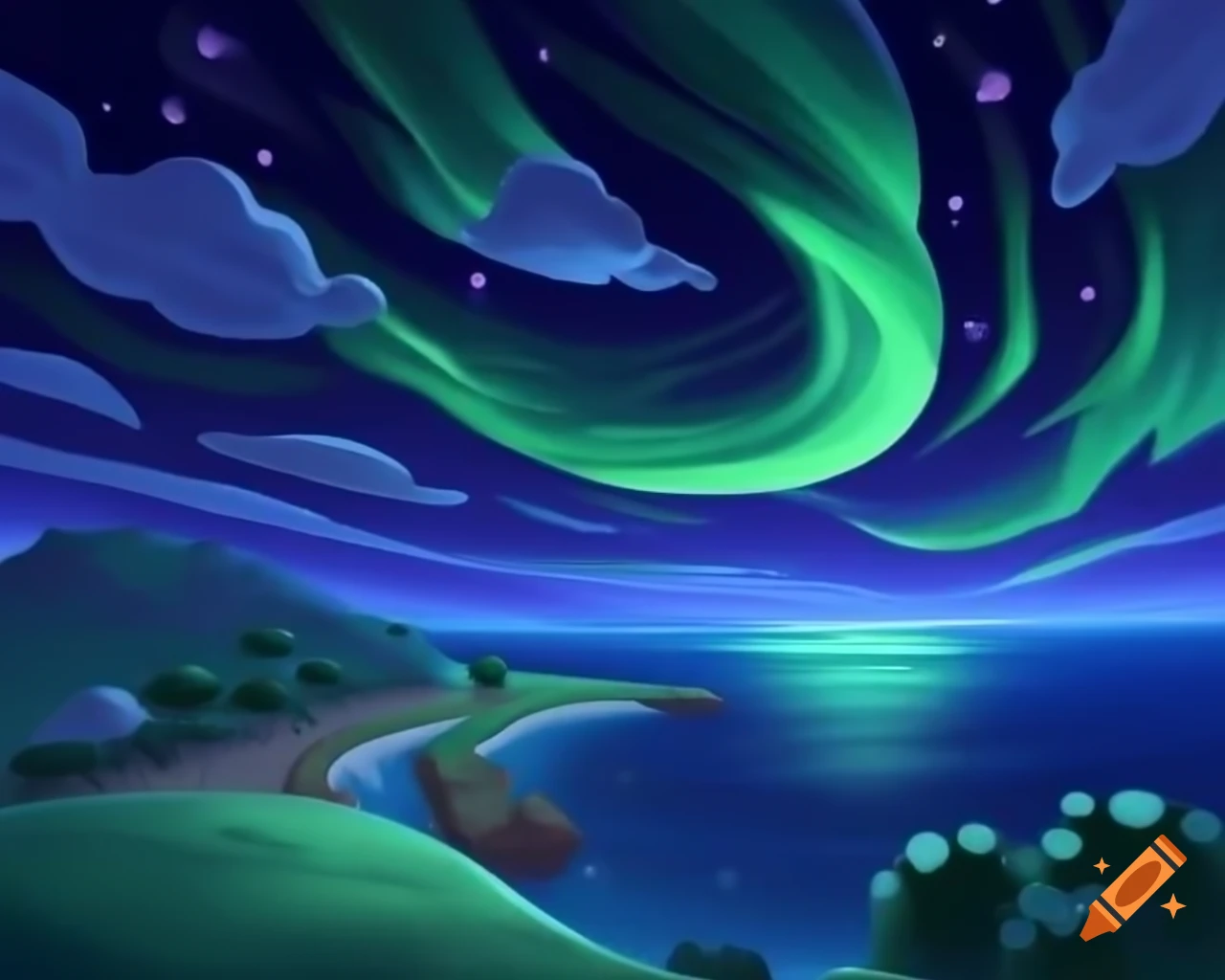 Beautiful landscape in Animal Crossing featuring Northern Lights and Galactic Sea