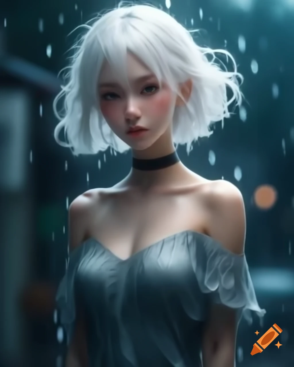Anime character with white hair and dress in rain