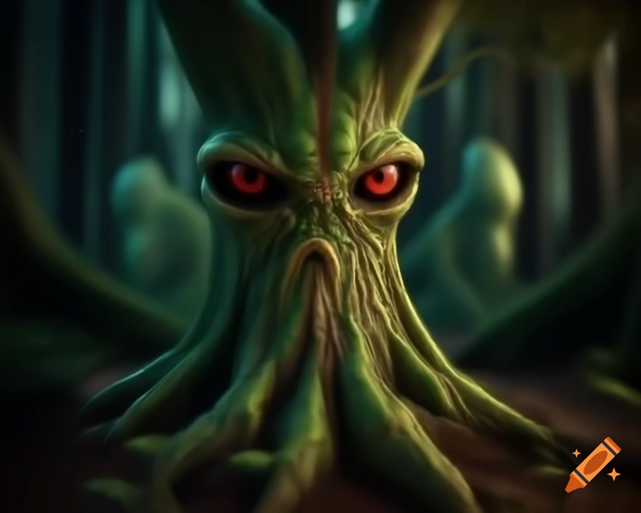 3d cgi anime tree monster with humanoid bark face and trees growing on ...