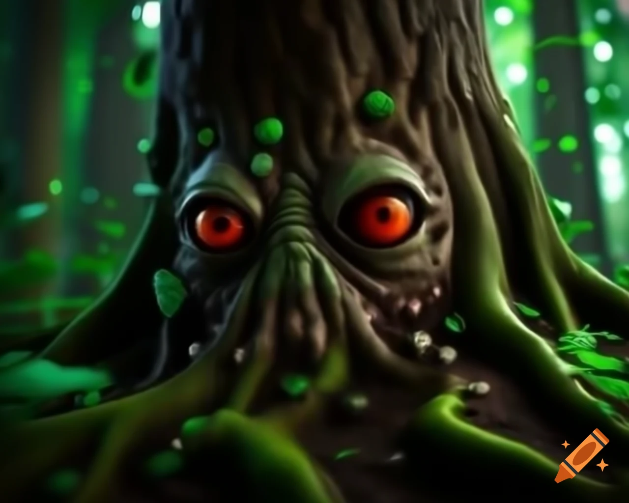 3D CGI anime tree monster with humanoid bark face and trees growing on body