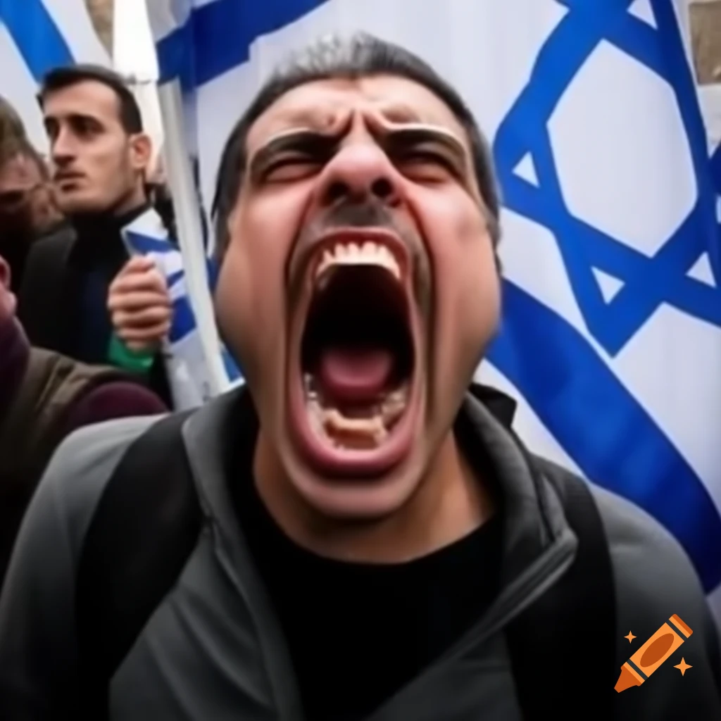 Angry right wing protester with Israeli flag shouting at camera
