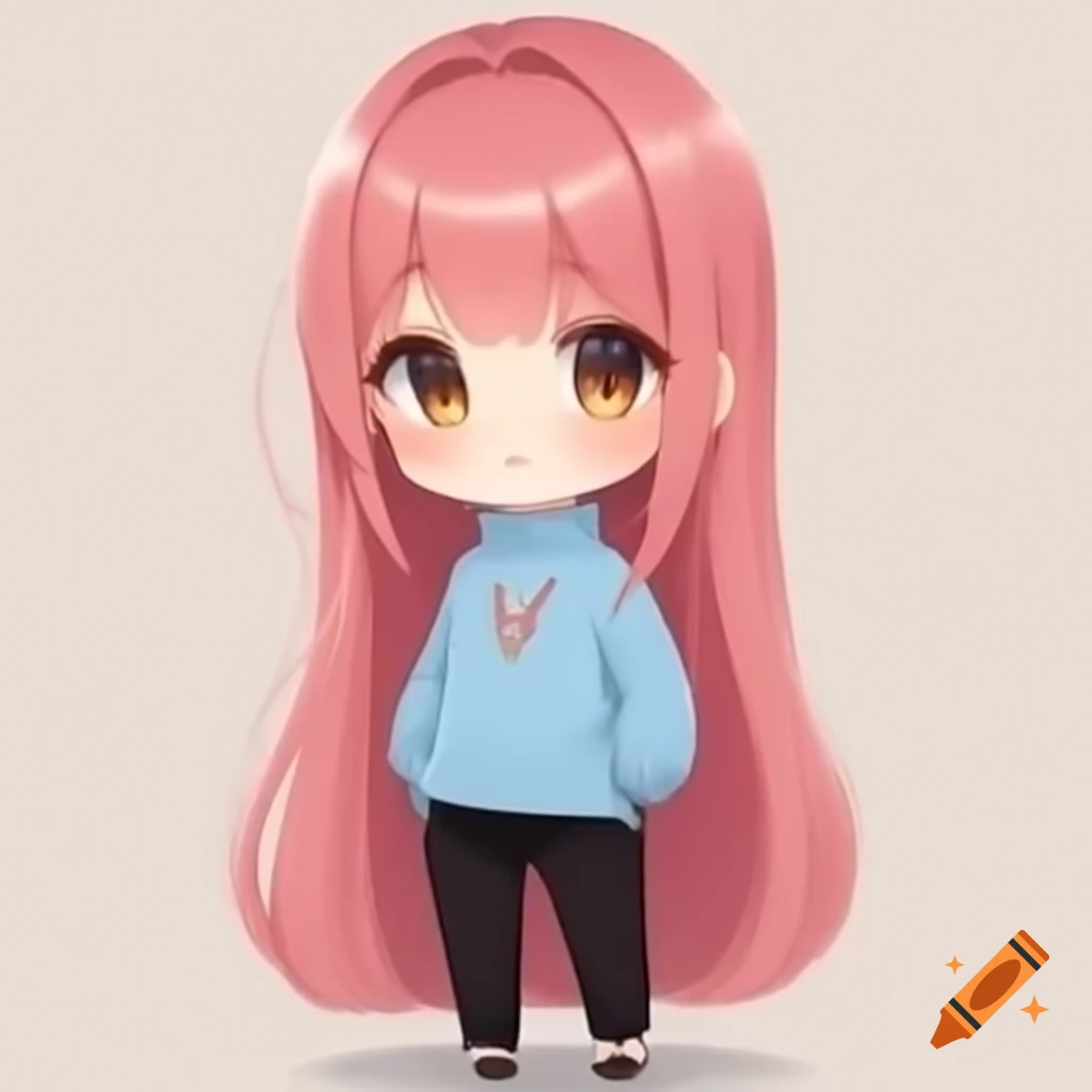 Chibi anime woman with pink hair, brown eyes, wearing light blue sweater and black pants