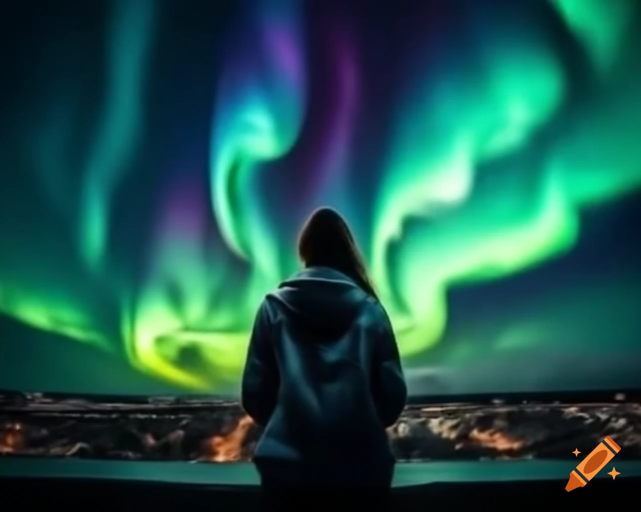 Woman on rooftop admiring Northern Lights with dramatic blue and green lighting