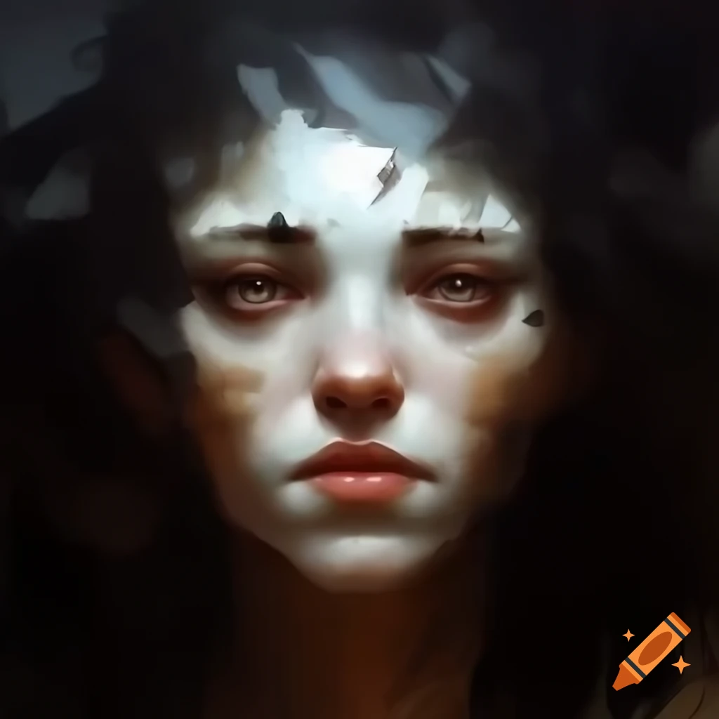 Abstract oil painting of an aged orcish creature with black hair