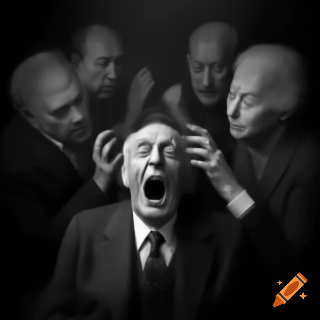 Old man yelling at younger self, psychedelic music scene background