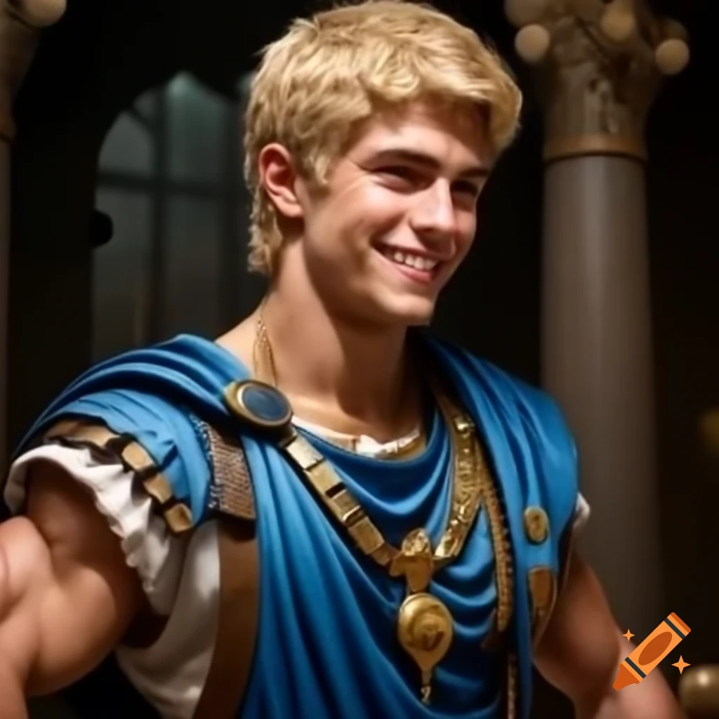 Photo realistic blonde Roman prince in blue toga with golden pendant, smiling and adventurous