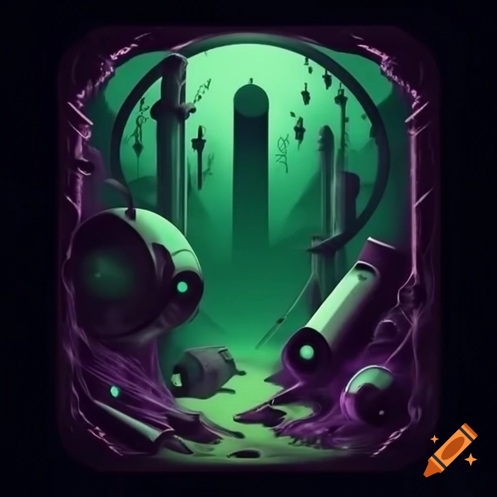Cosmic horror landscape with mechanical objects and undefined silhouettes