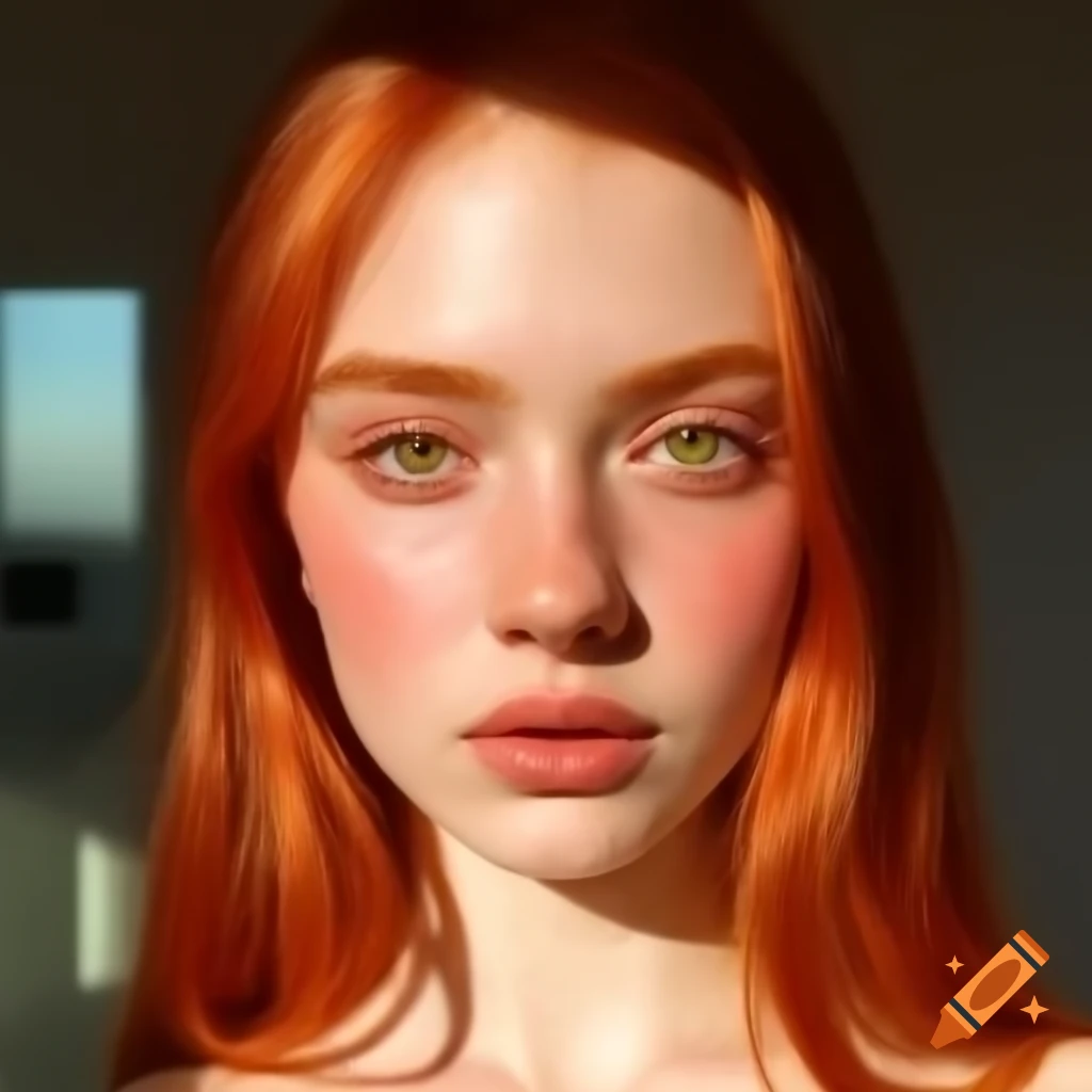 Close-up portrait of inviting red-headed woman in soft light