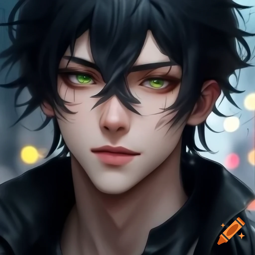 Close-up of handsome anime male with messy black hair and leather jacket in night background