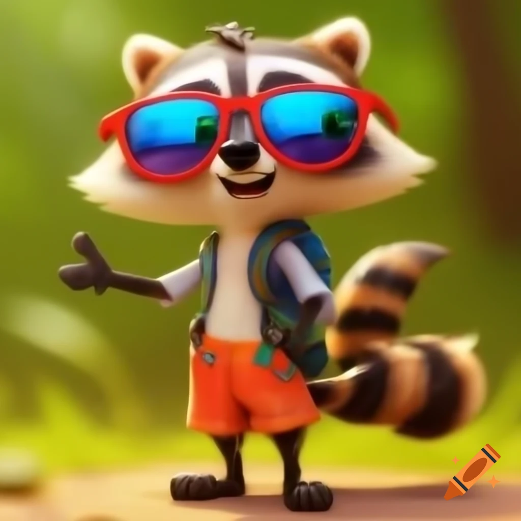 Cartoonish raccoon with long ears and colorful sunglasses, dressed in bright shorts