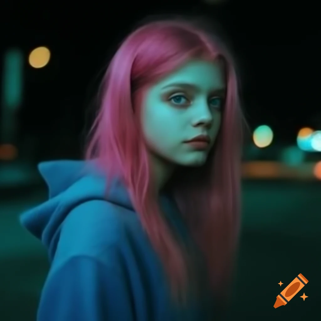 Young woman with pink hair and blue eyes in a dirty blue hoodie at night in San Francisco