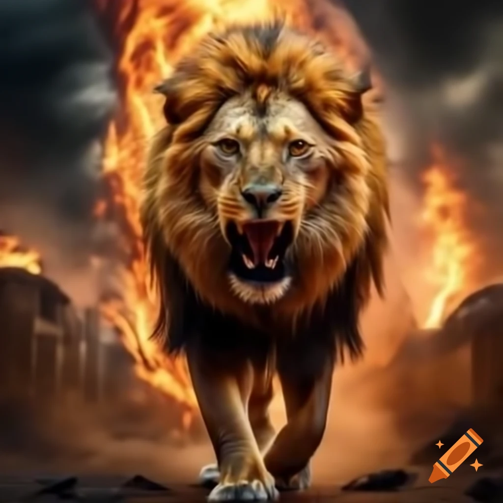 Lion walking through fire and roaring