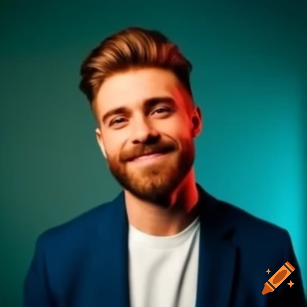 Young man with beard in navy blue blazer and white dress shirt against soft teal backdrop