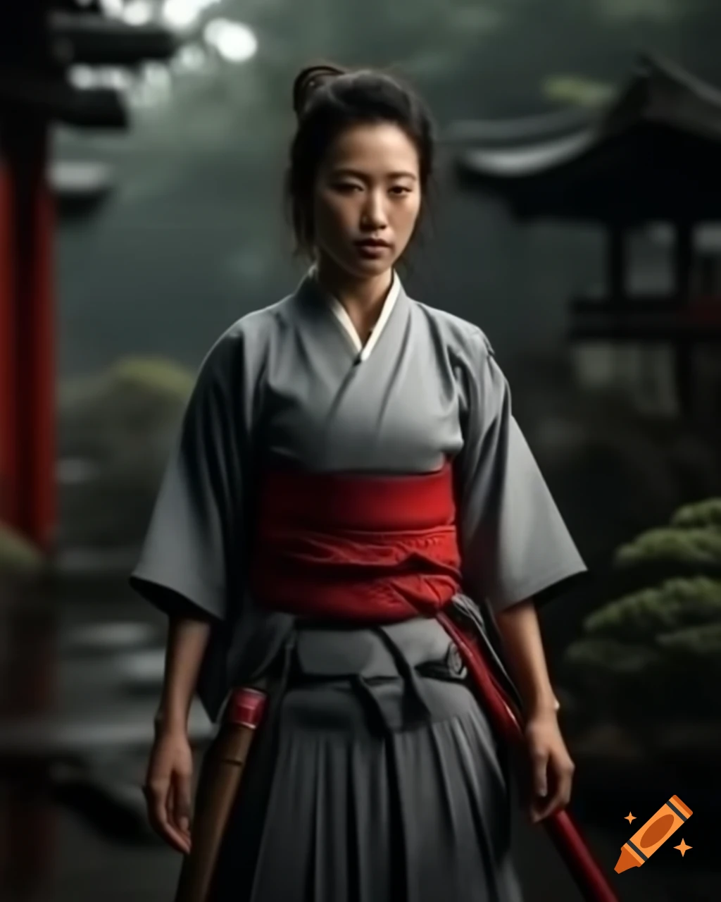Female samurai in traditional Japanese garden