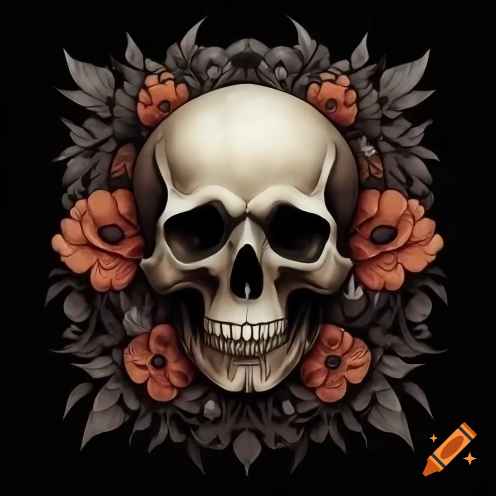 Gothic drawing featuring skull and flowers