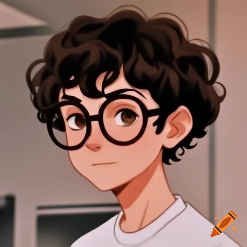 Anime character with short curly hair and glasses