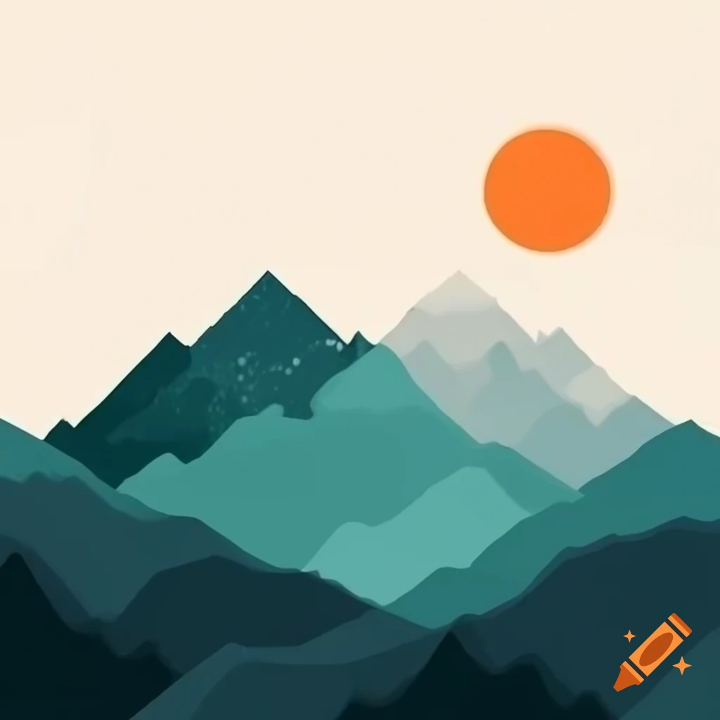 Stylized minimalist mountain range with rising sun or moon, retro aesthetic