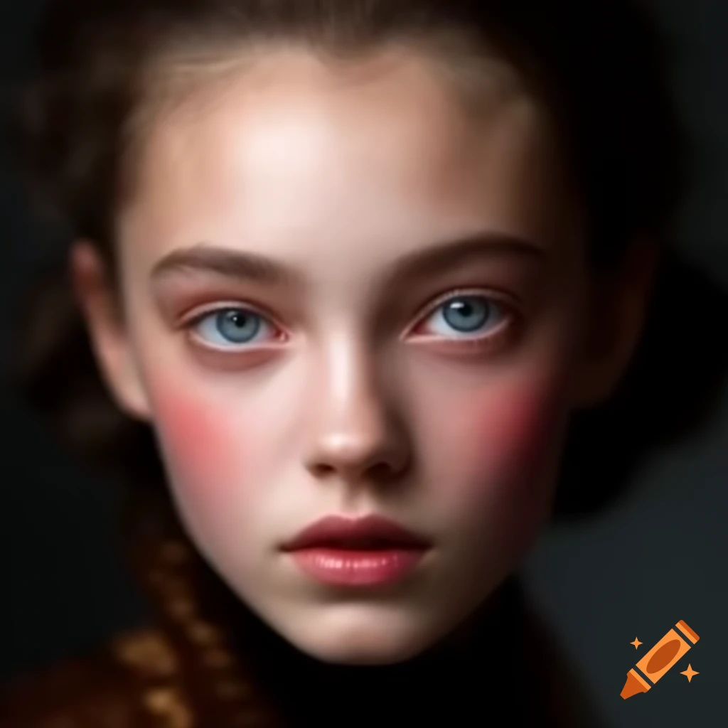 Young goddess portrait in extravagant fashion with intense gaze, dark atmosphere