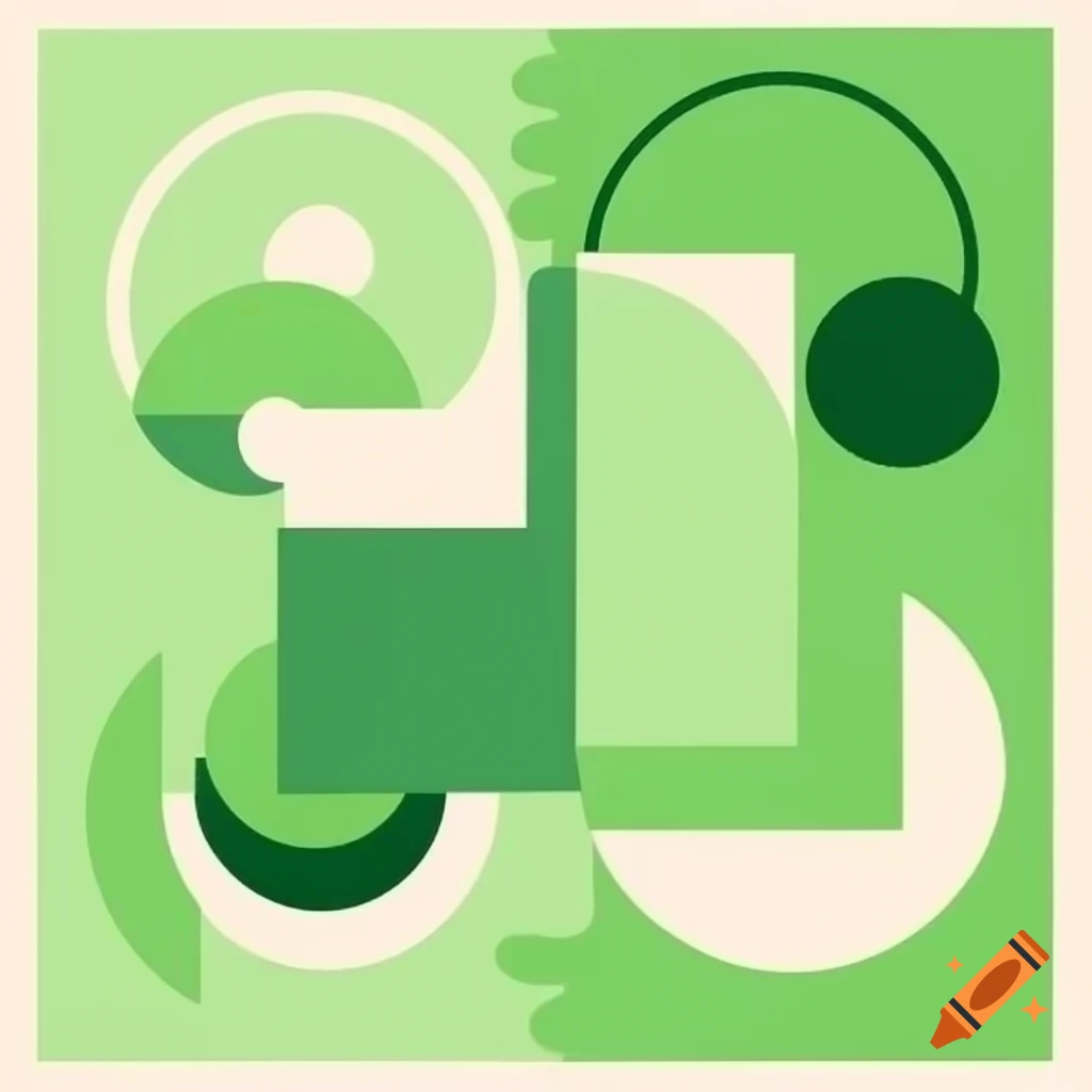 Monochromatic composition art with geometric elements like circles, squares, lines, and dots in green