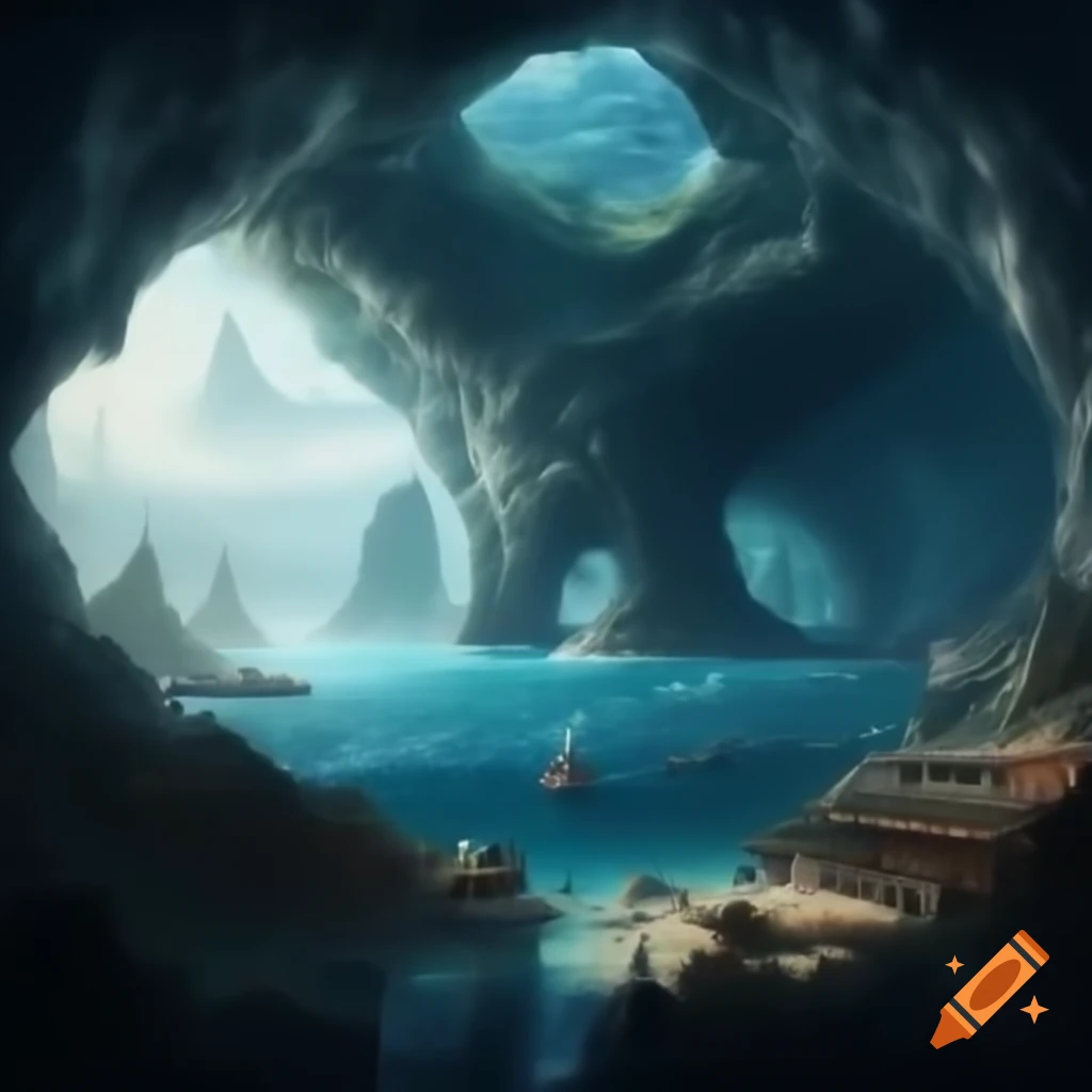 Cave interior with ocean and futuristic city in the background, unique-shaped boats foreground
