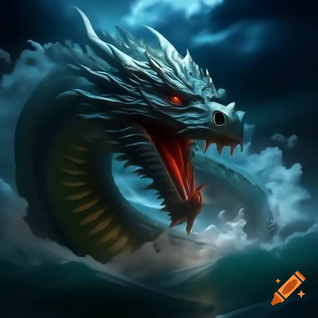 Serpent-like dragon swimming in dark ocean with glowing red eyes under ...