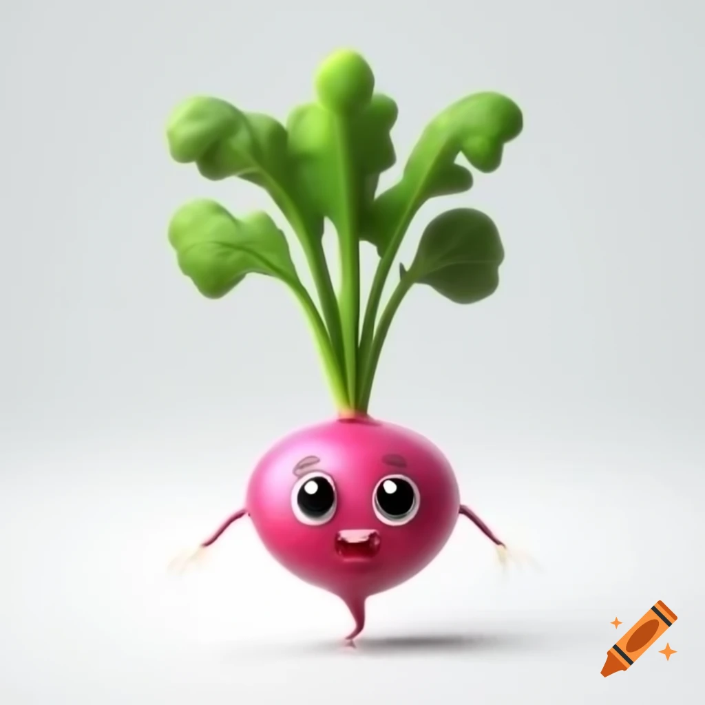 Cartoon radish with black eyes and smile on white background