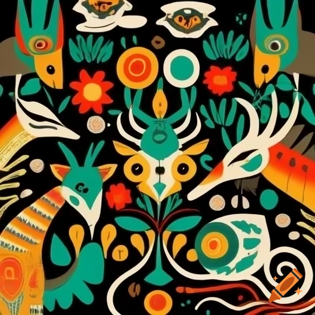 Color serigraph of native Salish motifs featuring fantasy creatures and animal-human hybrids