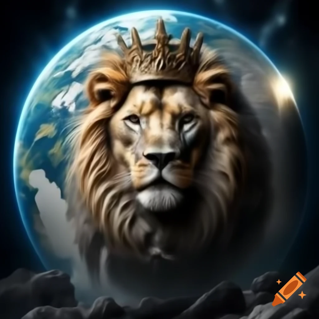 Powerful heraldic lion with crown on a large earth globe