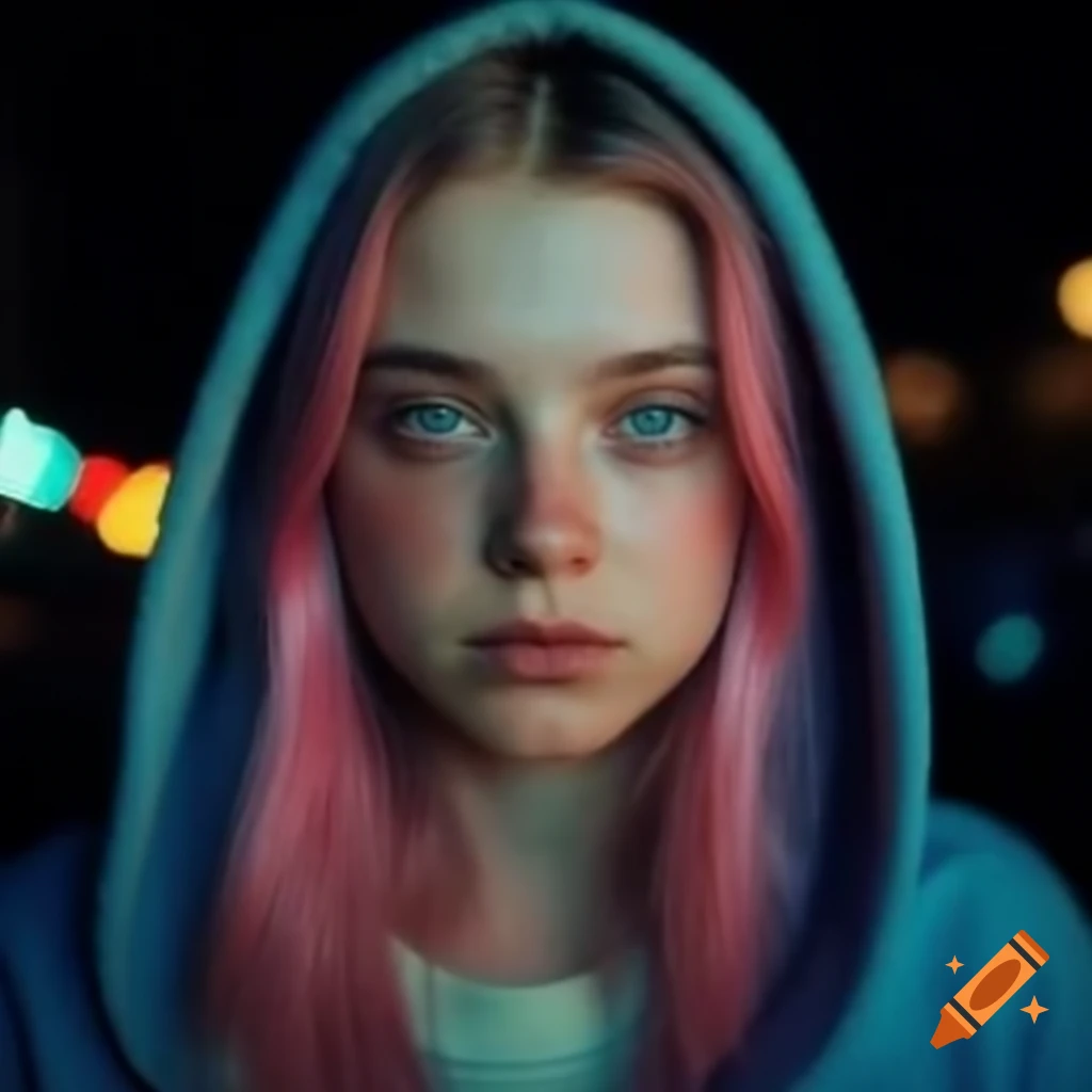 Young woman with pink hair and blue eyes in dirty blue hoodie at night in San Francisco