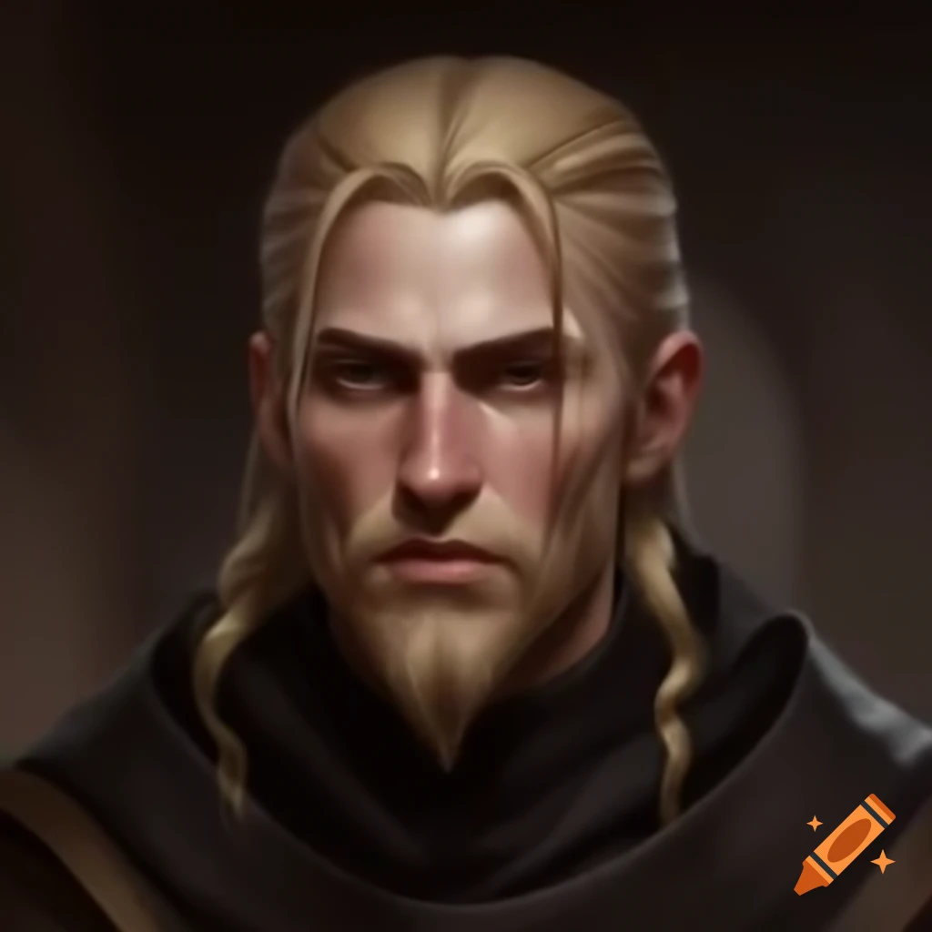 Medieval friar with blonde ringlets in expensive clothing