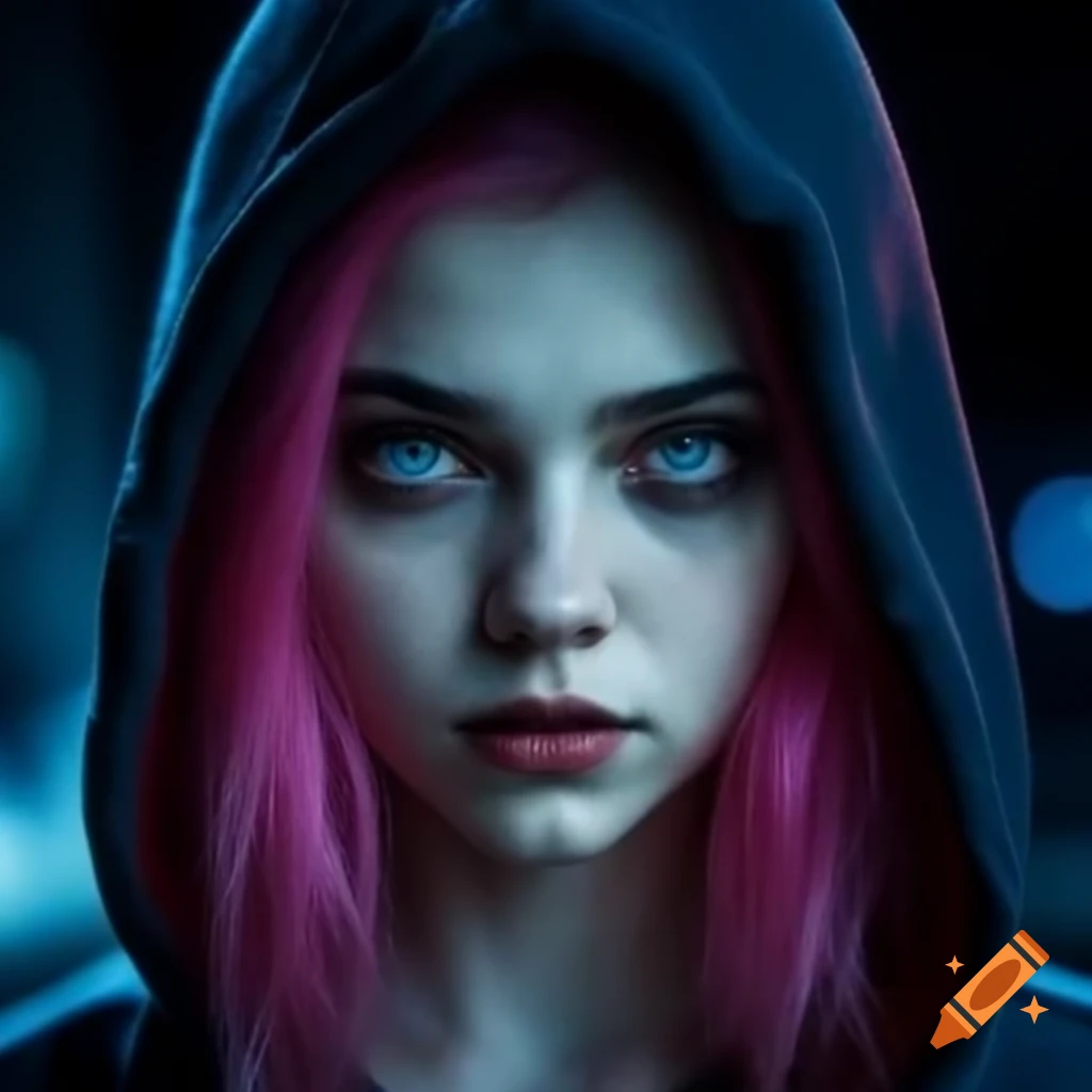 Young vampire woman with pink hair and blue eyes in San Francisco at night wearing a blue hoodie