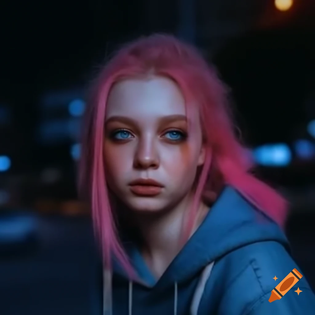 Young woman with pink hair and blue eyes in blue hoodie at night in San Francisco