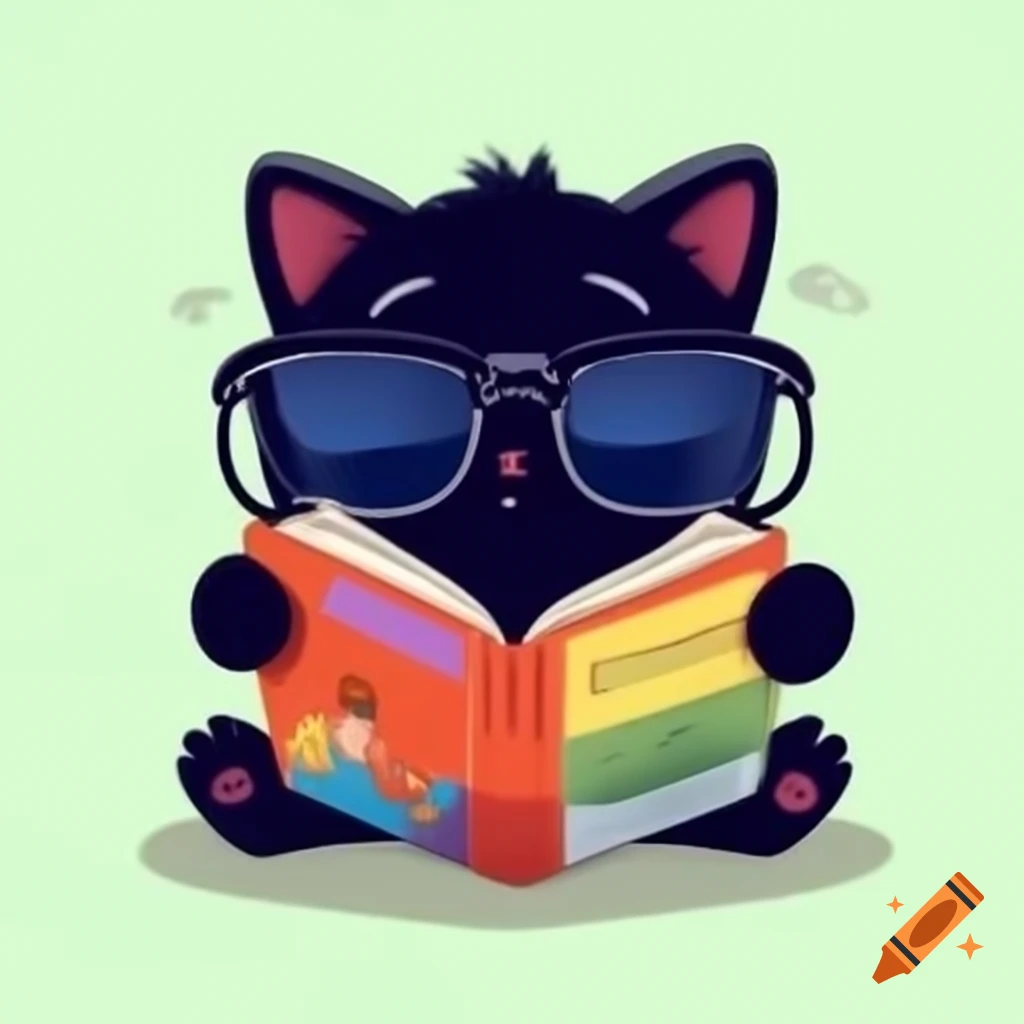 Cartoon art of black cat with sunglasses reading a book