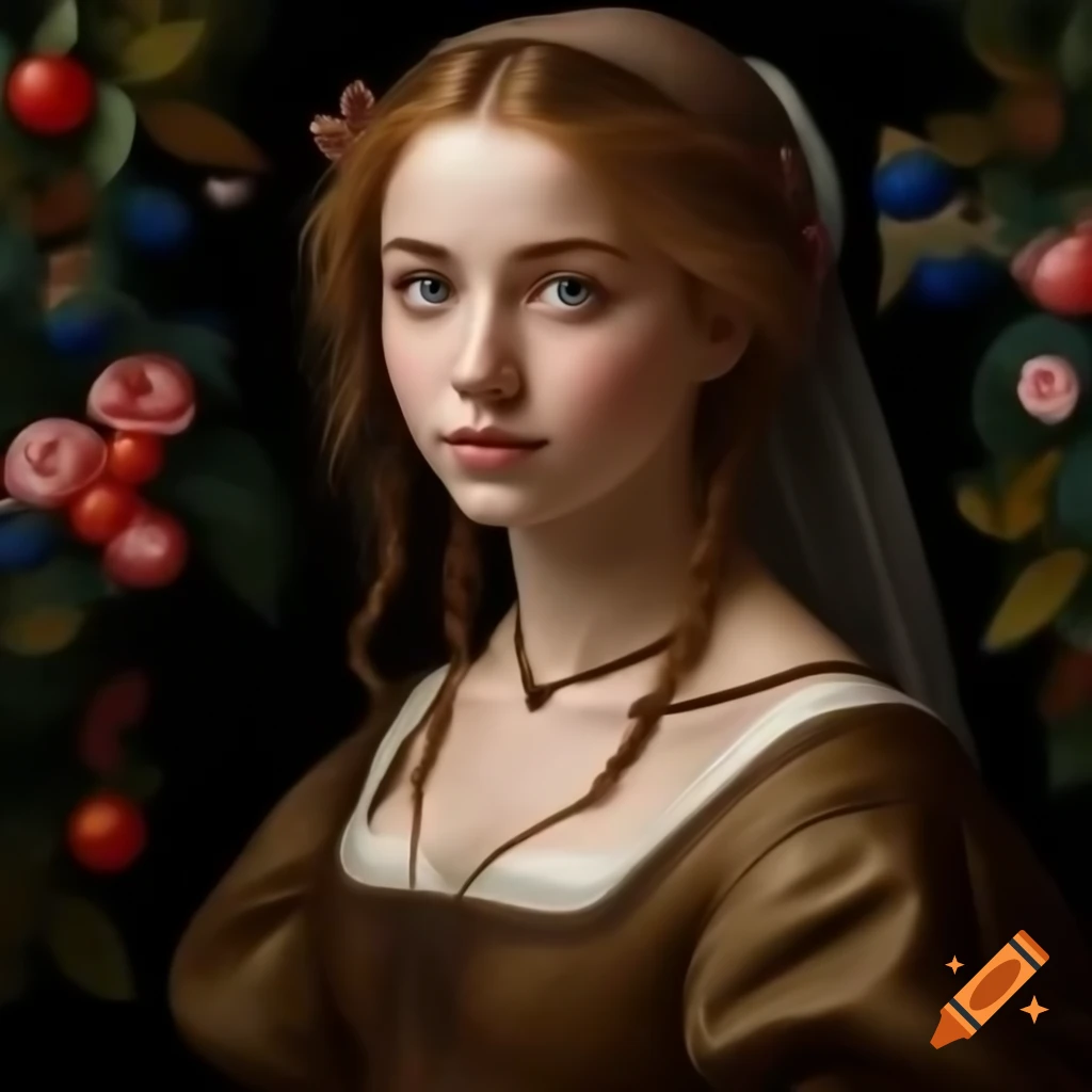 Realistic portrait of a kind and lovely 17-year-old woman in Renaissance style