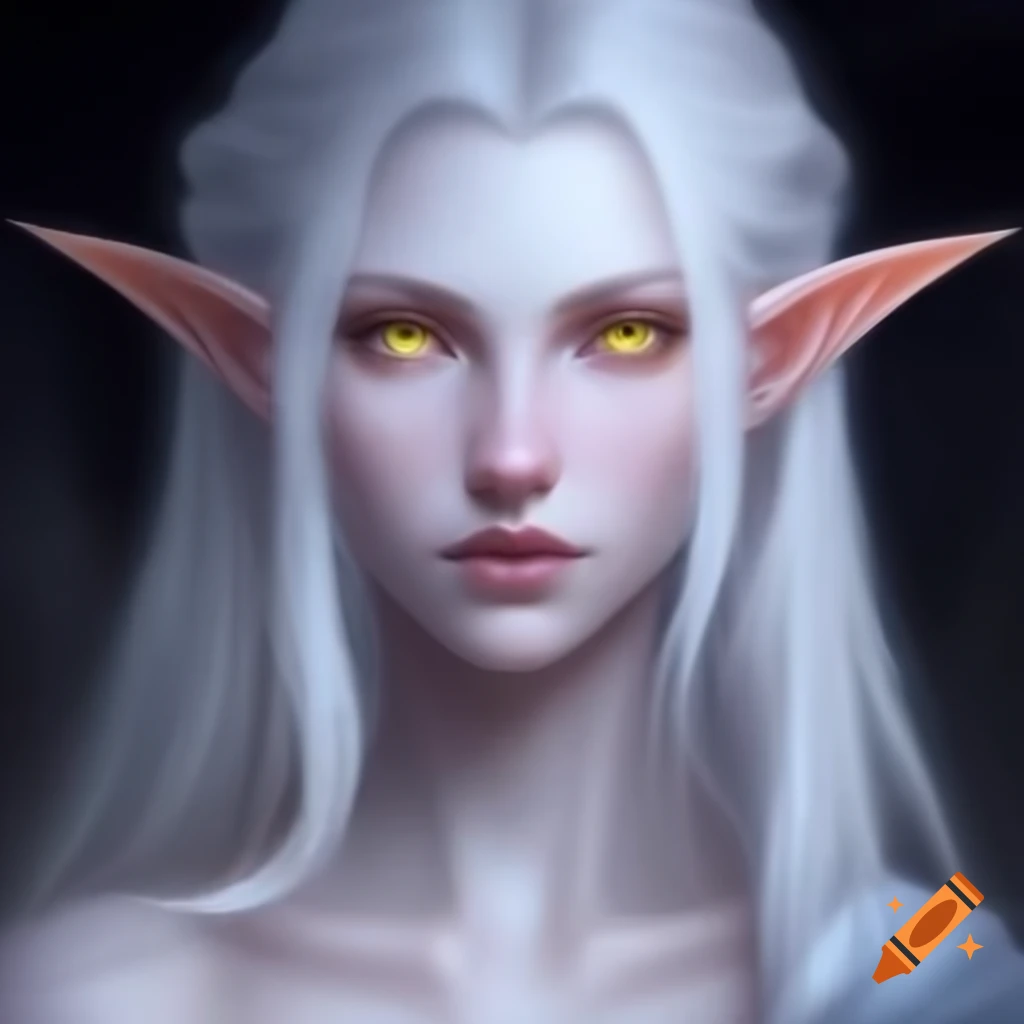 Ethereal white-haired female elf with yellow eyes and strong build