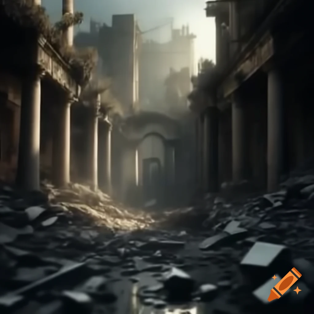 Ruined cityscape with crumbling buildings and overgrown vegetation on ...