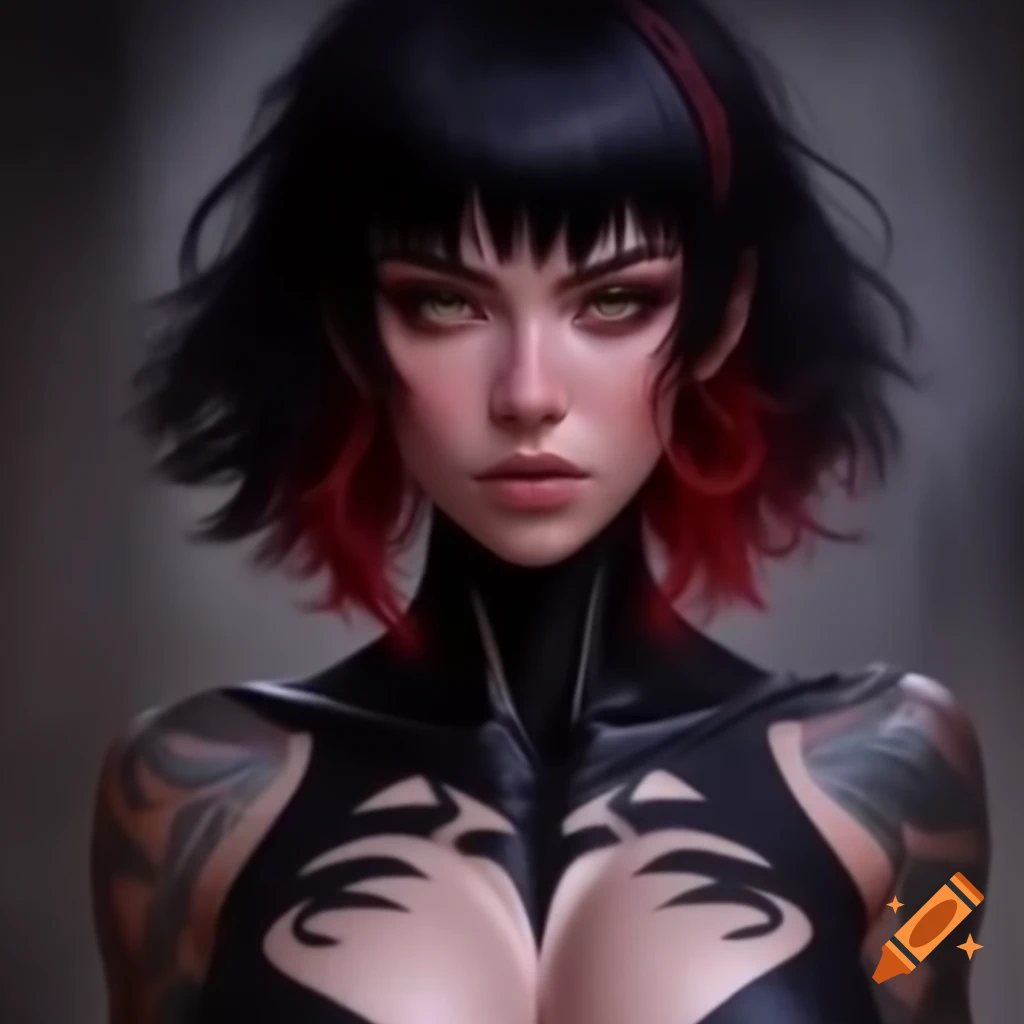 Full body portrait of female with black short hair and red strands, featuring tattoos