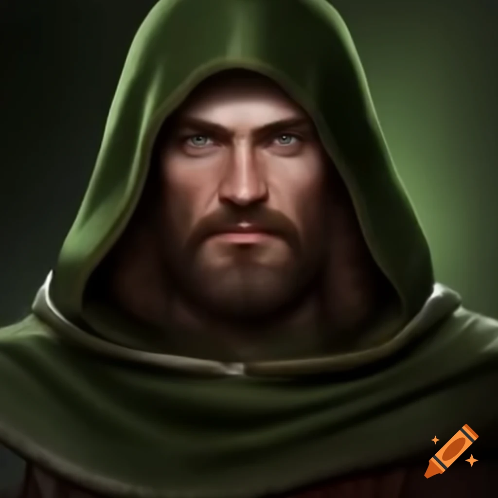Realistic portrait of a strong medieval yeoman hunter in brown and green attire