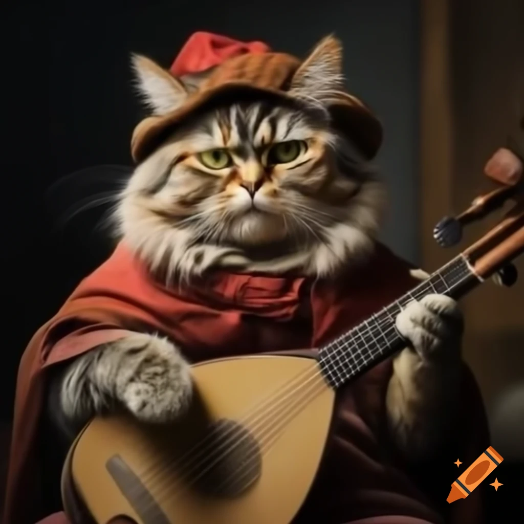 Angry cat in minstrel costume holding a lute