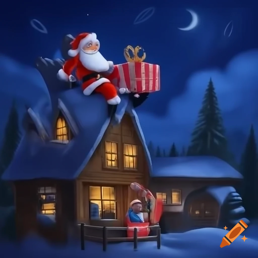 Santa Claus dropping gifts over wooden house at night with a sleeping boy inside