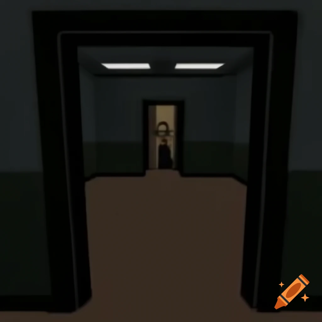 First person view of eerie liminal room with slightly open door, anaglyph 3D effect