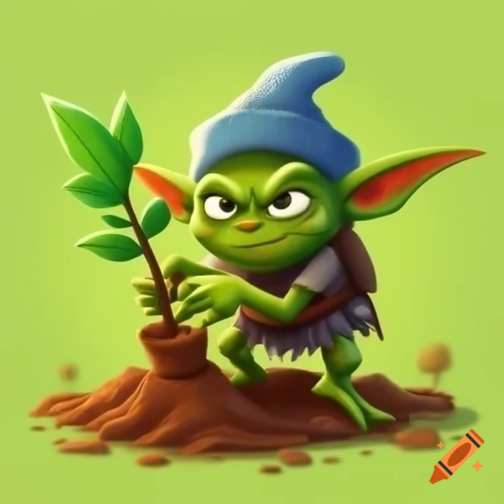 Cartoon goblin planting a tree