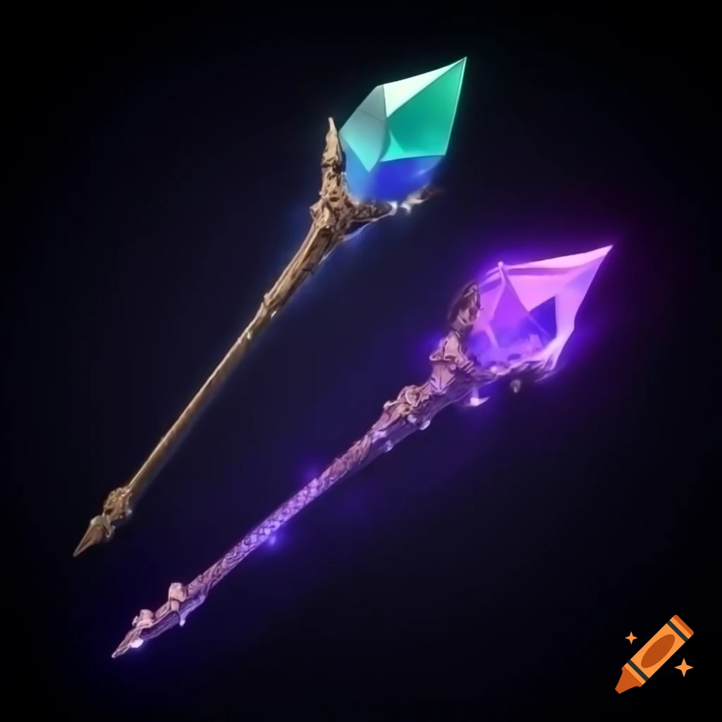 Crystal staff glowing with concentrated magic and its non-glowing counterpart