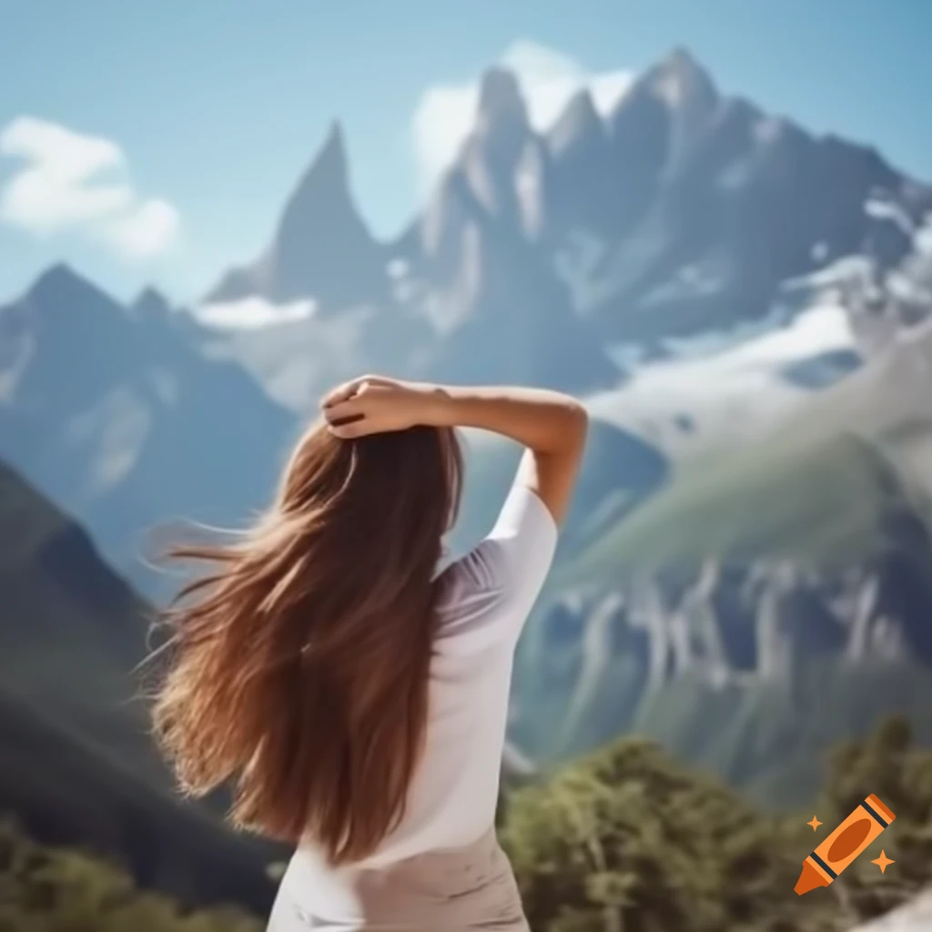 Smiling red-haired woman in the mountains