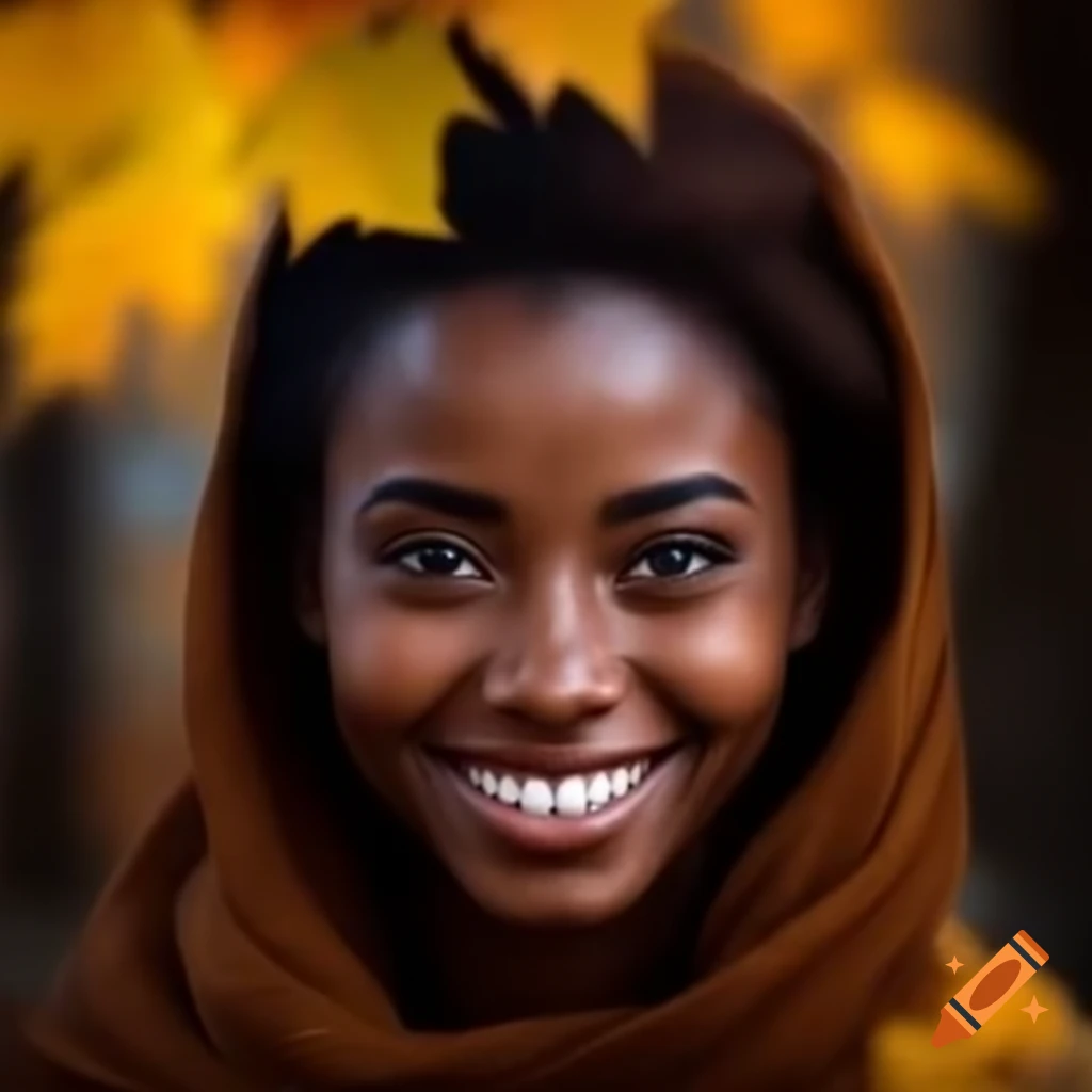 Smiling Arabian woman in autumn clothing with brown skin