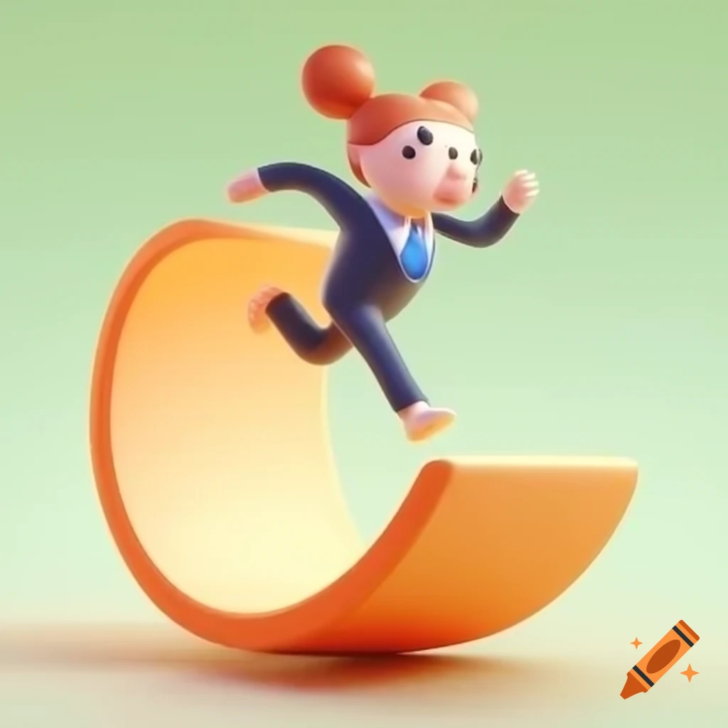3D cartoon woman in suit running inside giant hamster wheel