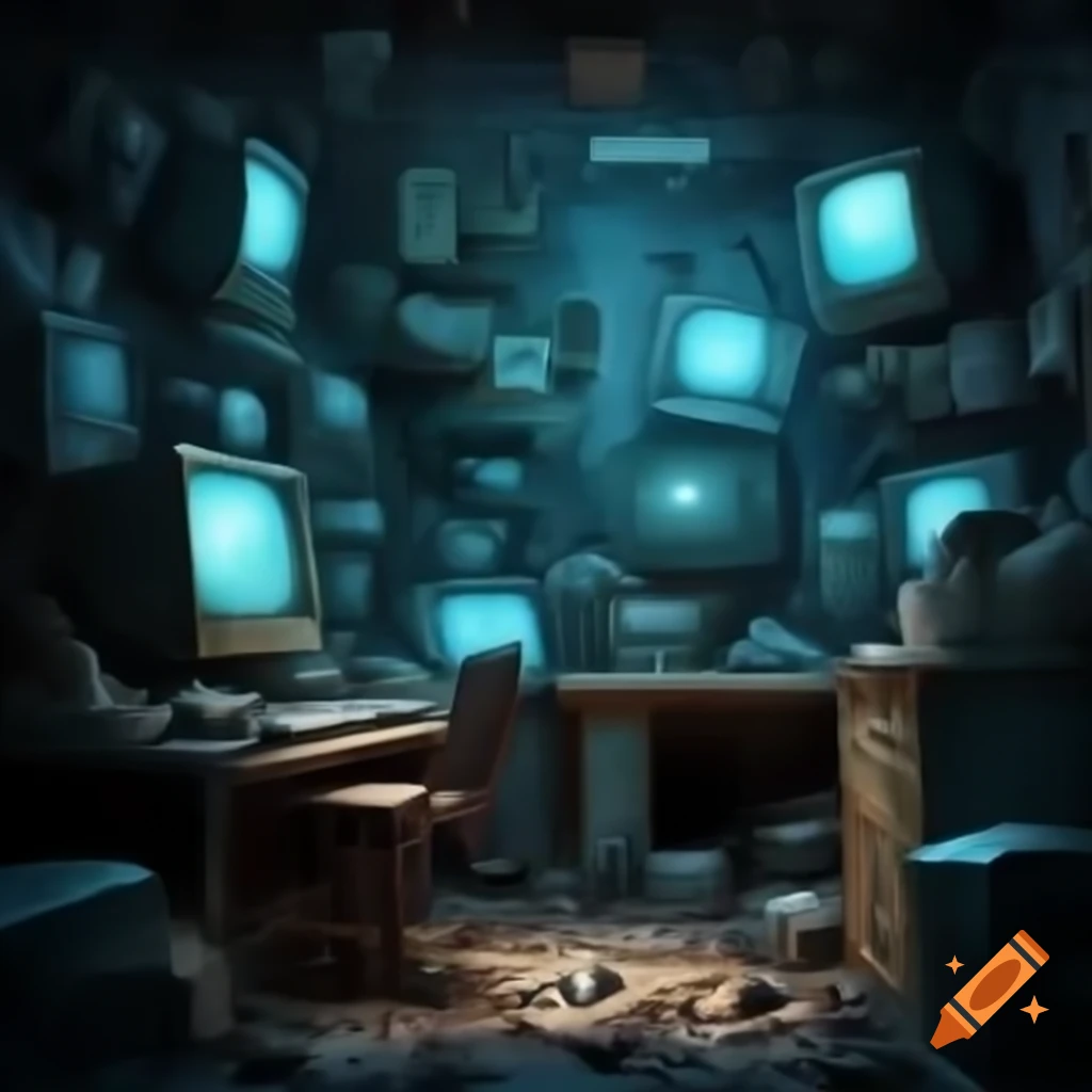 Cluttered room with old computers and tangled wires in eerie blue-green light