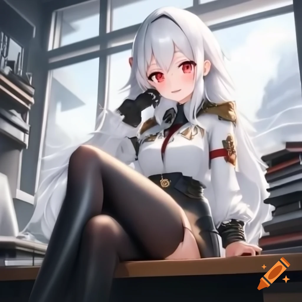 Anime woman with white hair and red eyes in fantasy military uniform inside a general's office