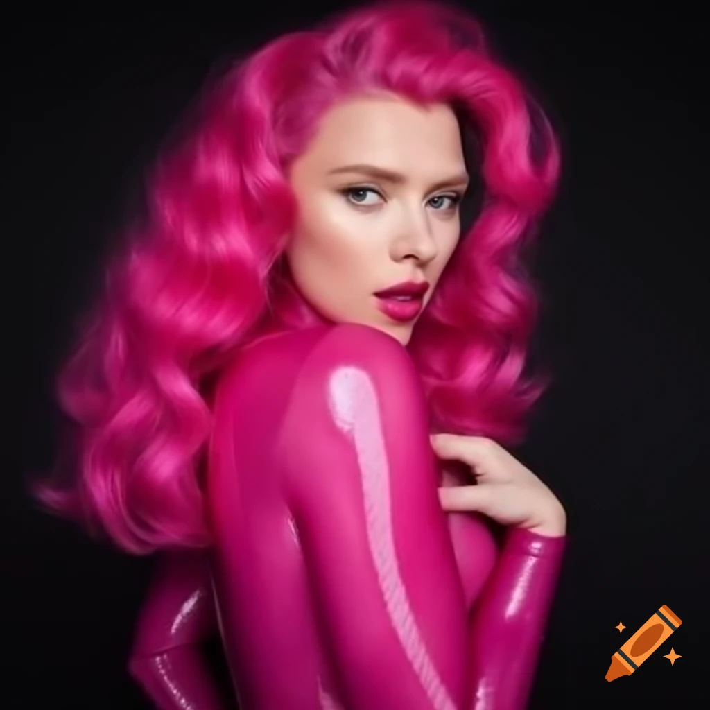 Dusty pink transparent latex costume with Scarlett Johansson inspired Pinkie Pie pony design