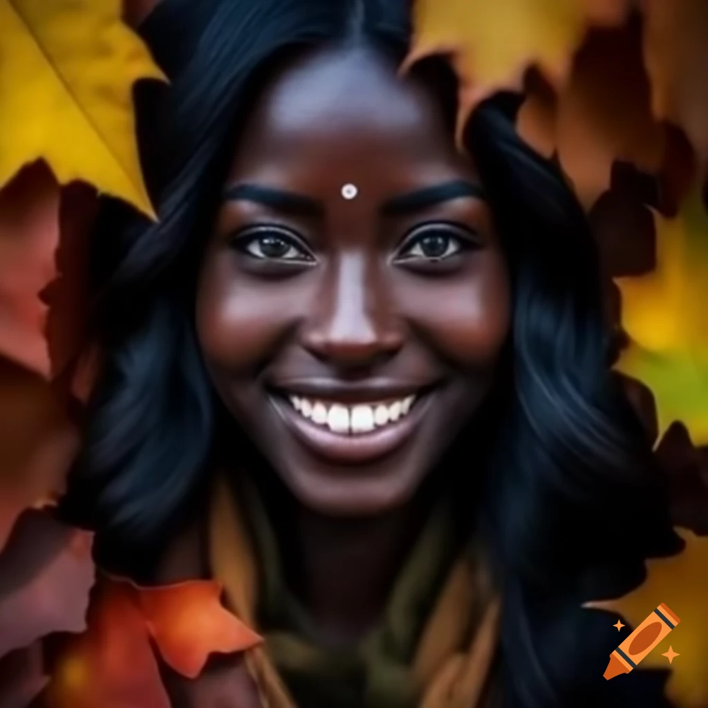 Smiling Arabian lady in autumn clothing with dark skin